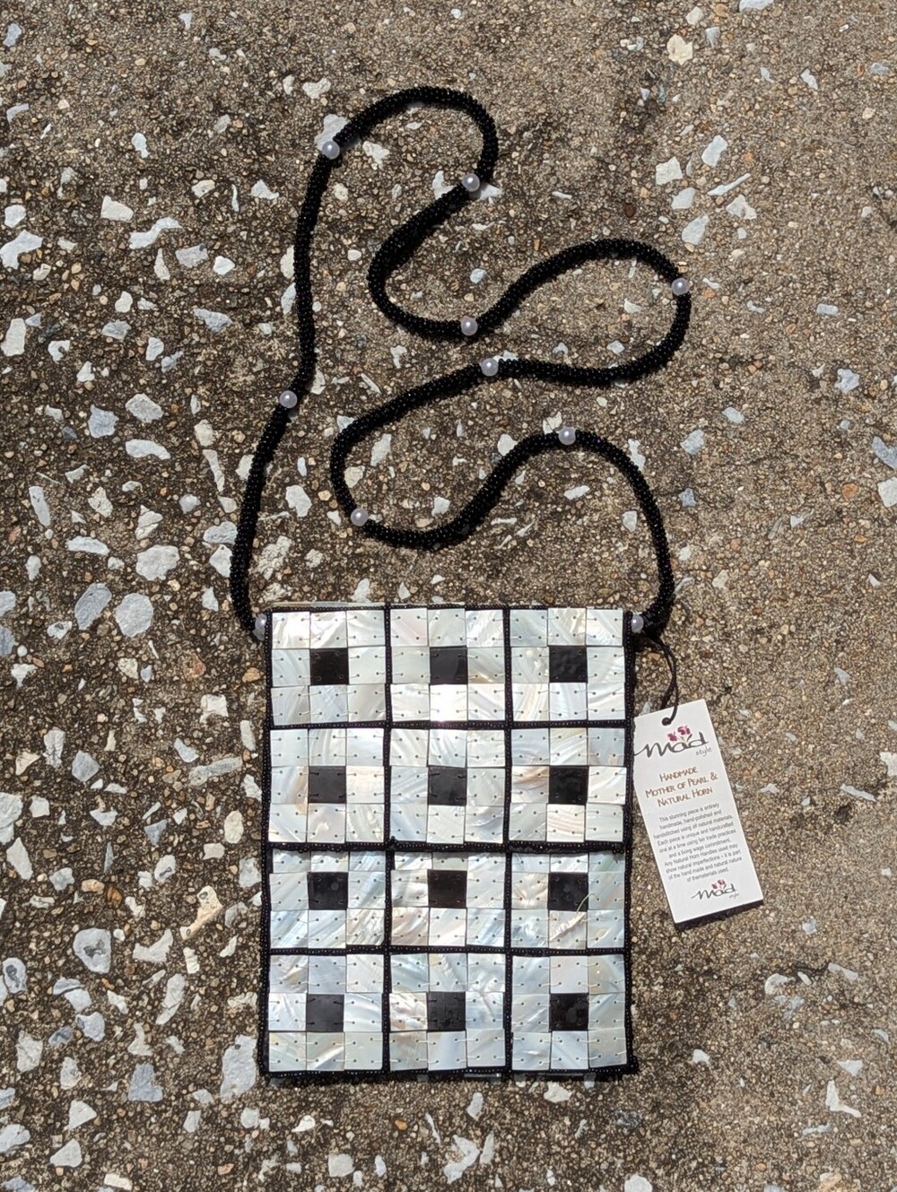 Beaded Mother-of-Pearl Mosaic Crossbody Bag - Black Trim